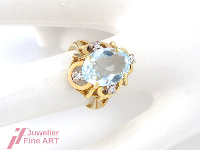 Ring mit Aquamarin + Brillanten ca. 0,30 ct TW-VSI in 14K/585 Gelbgold - 5,6 g