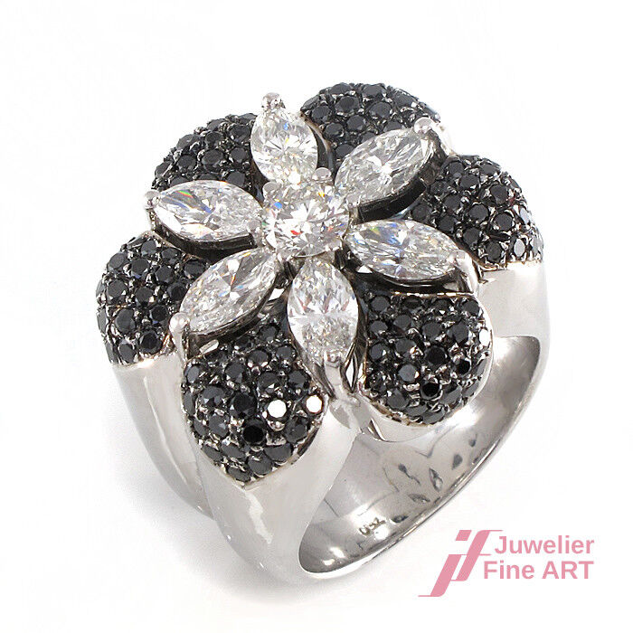 Ring Statement 750/18K Weißgold Diamanten Brillanten schwarz weiß Blume Flower