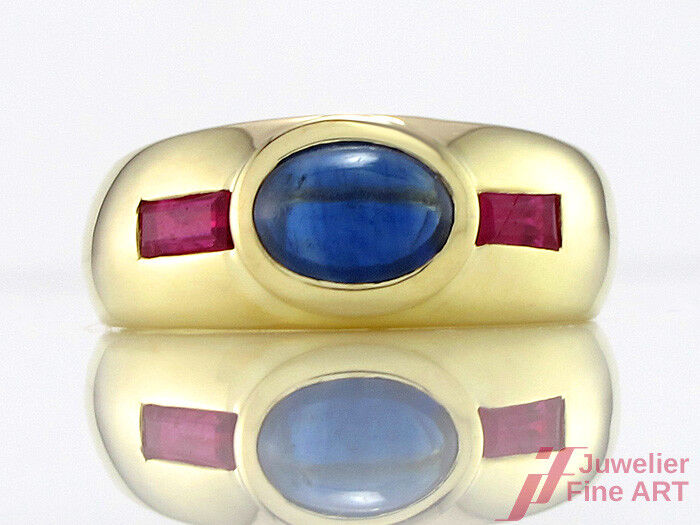 Ring mit Saphir-Cabochon + 2 Rubinen - 585/14K Gelbgold - 5,0 g - Gr. 50