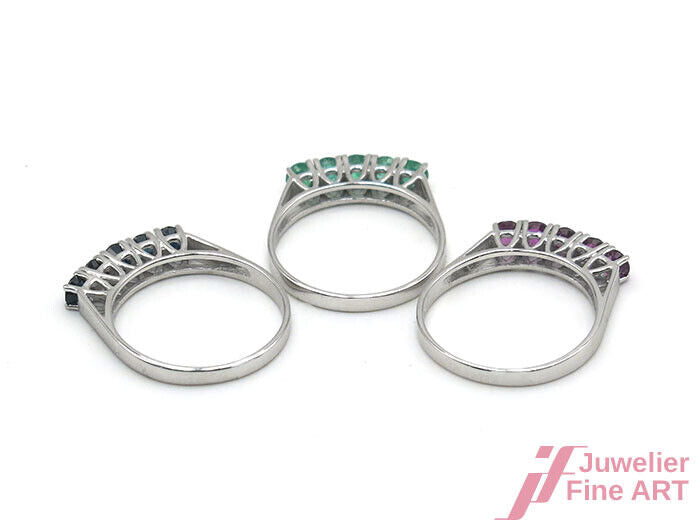 3 RINGE-RINGSET 14K Weißgold - je 5 Rubine, Smaragde u. Saphire - alle Gr. 57