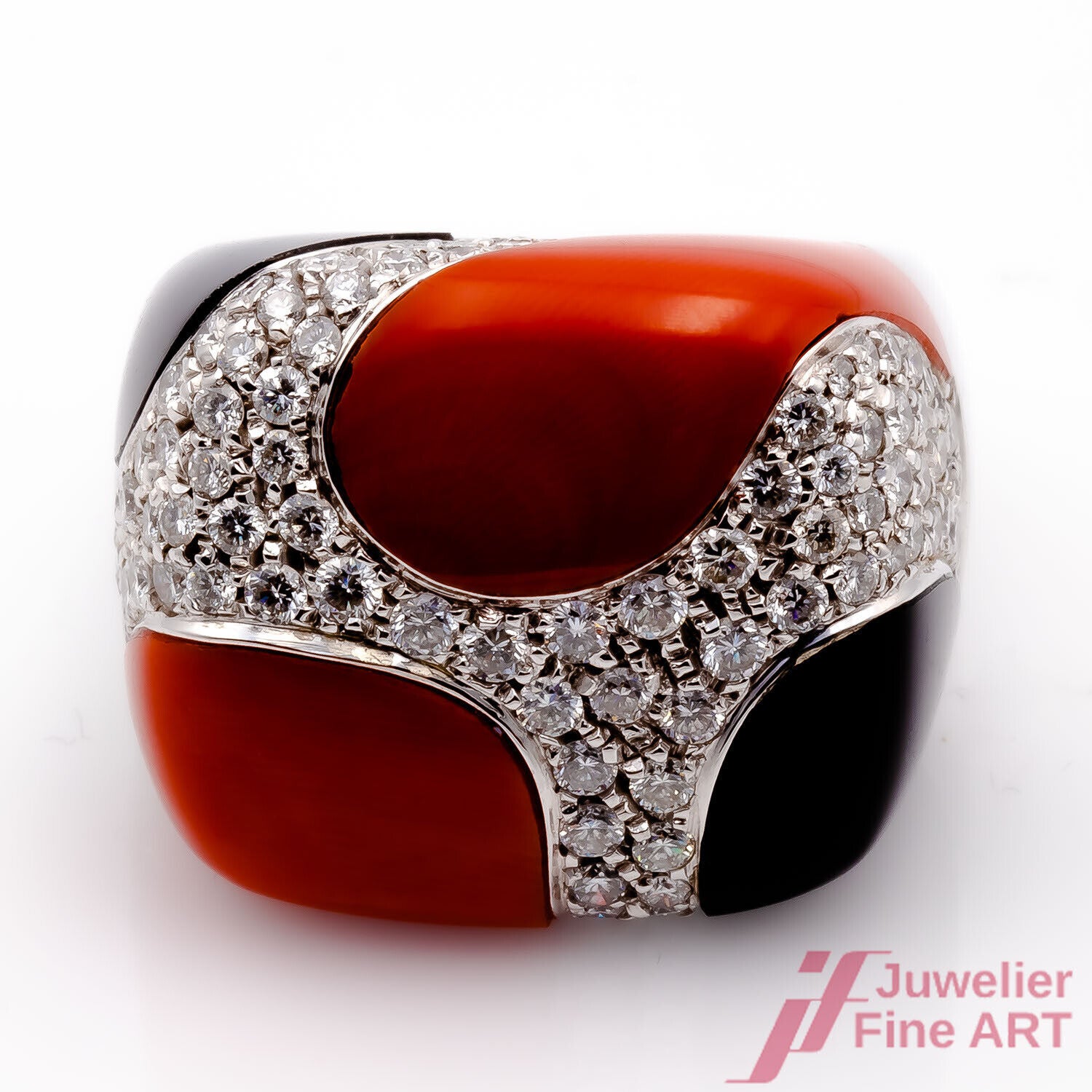 Ring Kuppel Modern 750/18K Weißgold Diamanten Brillanten Onyx Koralle Größe 53