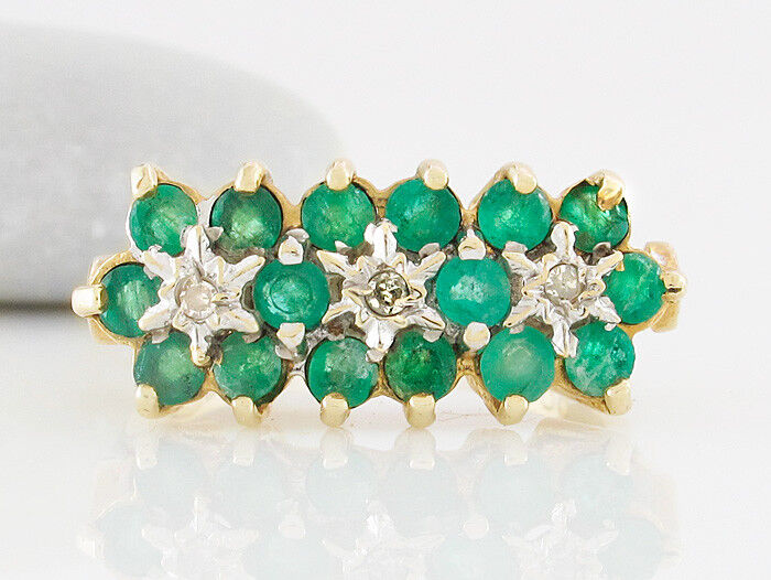 Ring 375/9K Gelbgold Smaragde Emerald grün Diamanten Blume