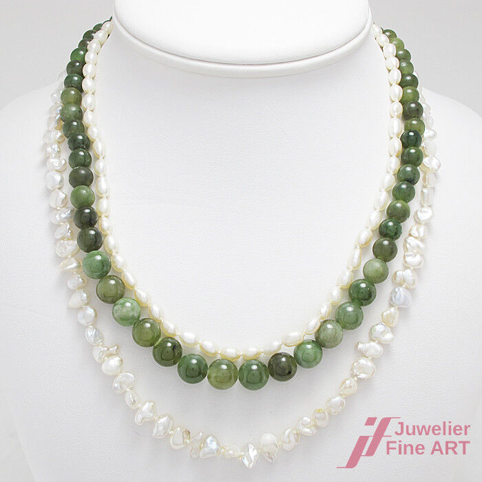 3 reihige Jade & Süßwasser Perlencollier 14K Weißgold-Schließe - 41 cm - 61,5 g