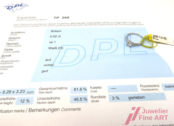 Solitärring/Akzent 18K WG -1 Brill. 0,52 ct H/vs1 - Akzent 0,11 ct TW/vsi - 52,5