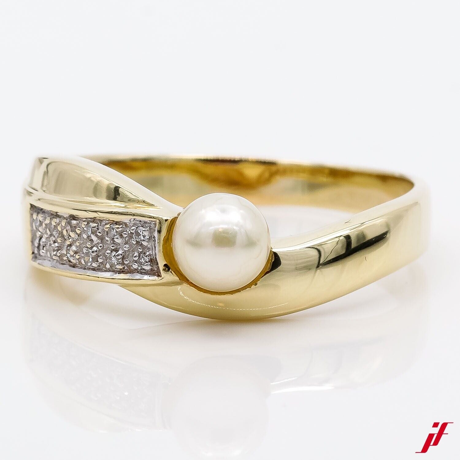 Klassischer Ring 585/14K Gelbgold 1 Akoya-Zuchtperle 12 Diamanten 62