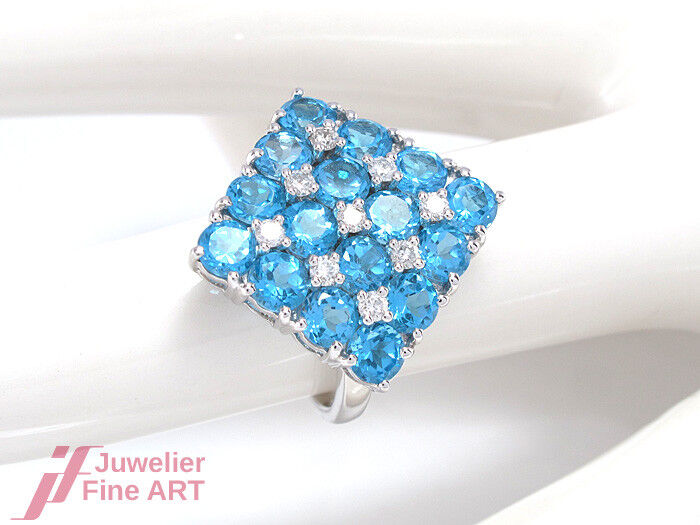 Ring - 18K/750 WG - 16 Blautopase 4,45 c & 9 Diamanten 0,32 ct TW-SI - 7,4 g