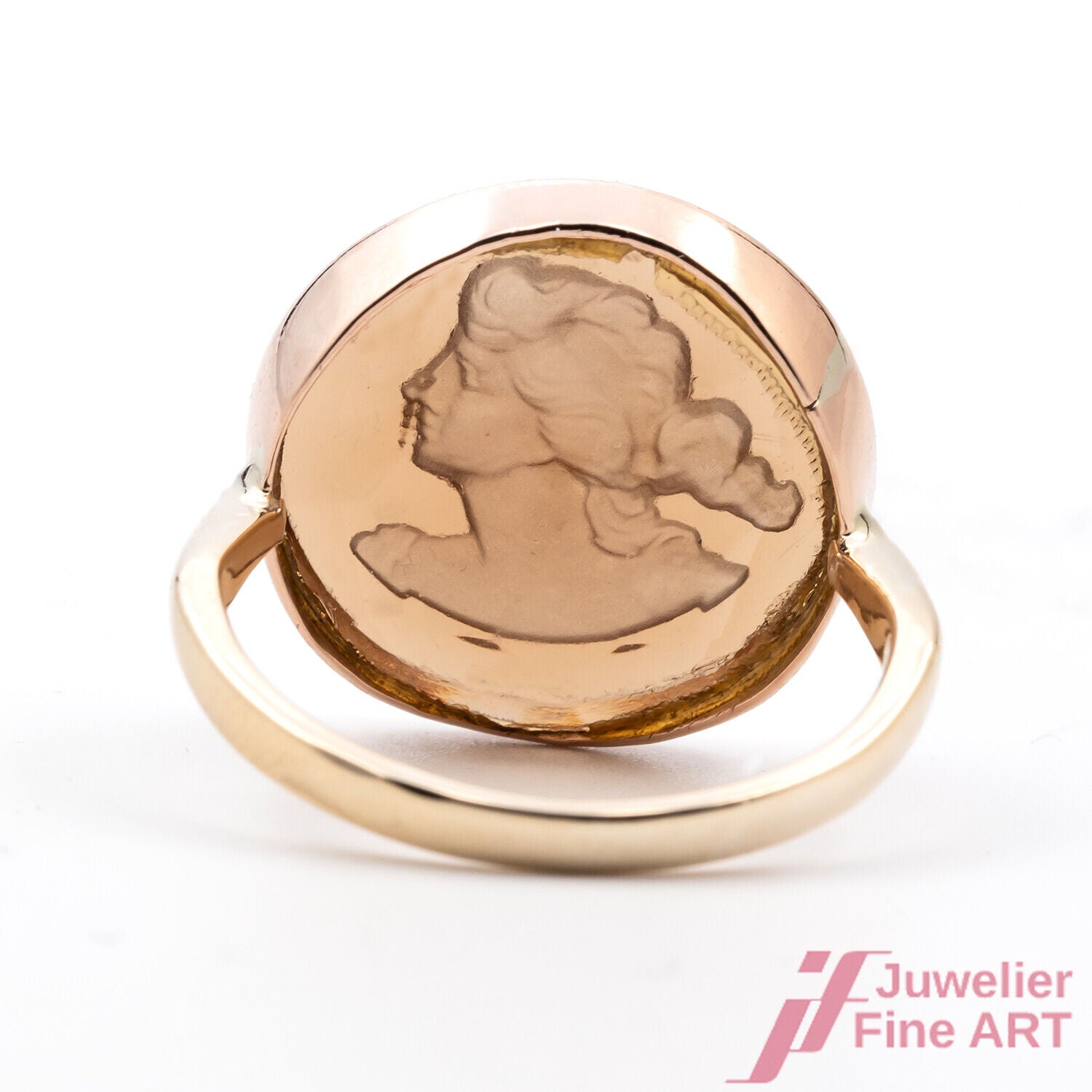 Ring Wappenring 333/8K Gelbgold Roségold Rauchquarz Frauenkopf Größe 55 antik