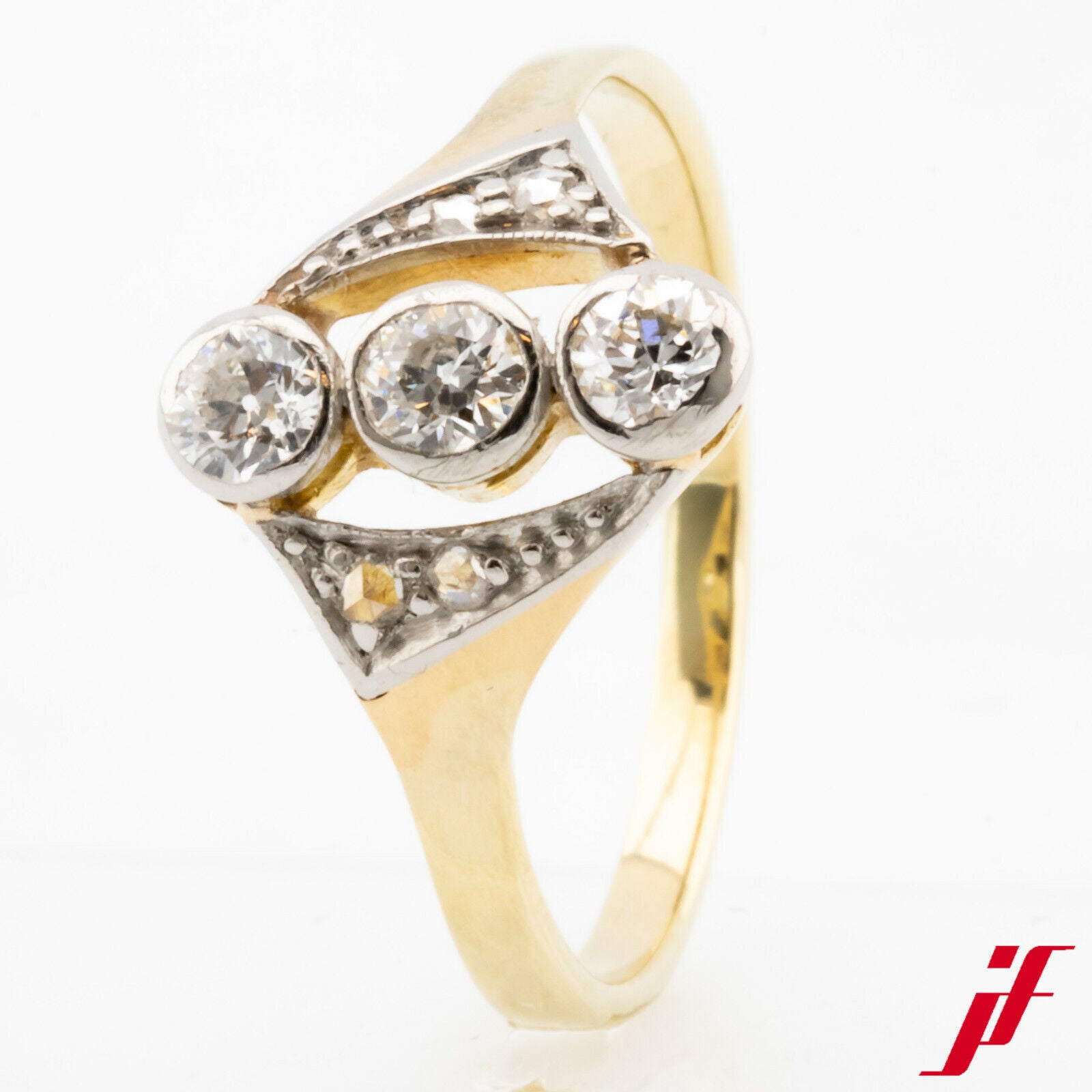 Antiker Damenring 585/14K Gelbgold Weißgold 3 Altschliff Diamanten Ringgröße 51