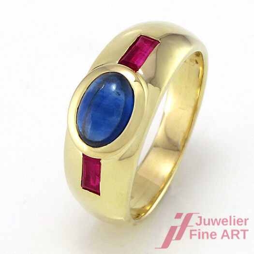 Ring mit Saphir-Cabochon + 2 Rubinen - 585/14K Gelbgold - 5,0 g - Gr. 50