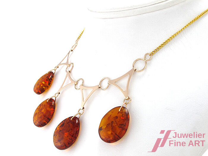 Collier in 585/14K Gelb- & Roségold mit Bernstein - 43 cm - 15,4 g