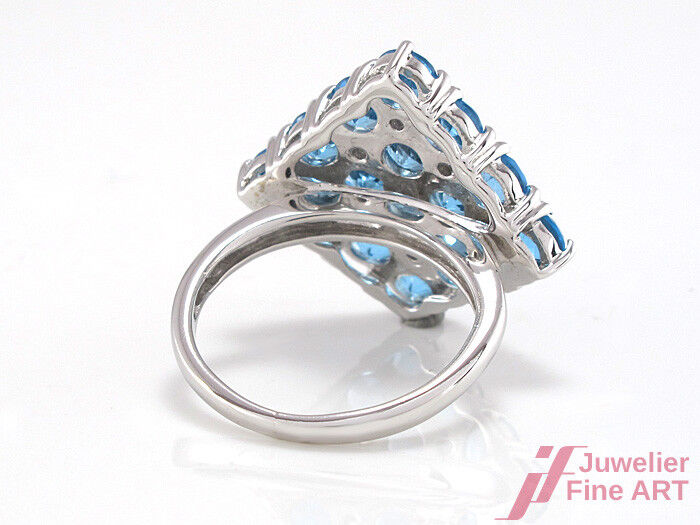 Ring - 18K/750 WG - 16 Blautopase 4,45 c & 9 Diamanten 0,32 ct TW-SI - 7,4 g