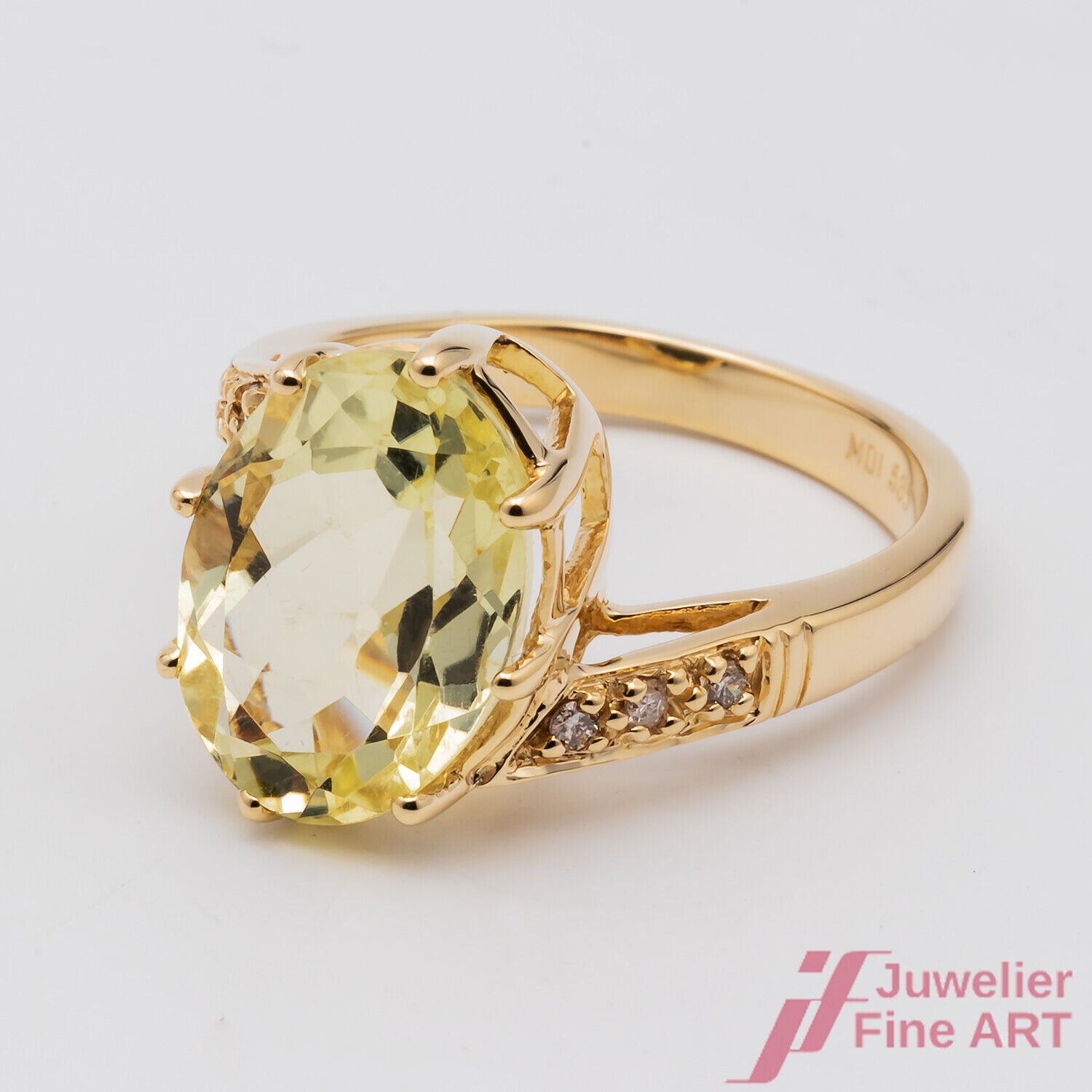 Ring 585/14K Gelbgold hellgrün Prasiolith Quarz Diamanten Brillanten Göße 56