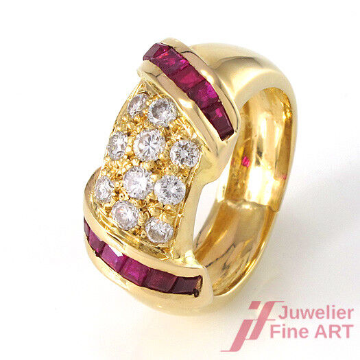 Ring 18K/750 Gelbgold - Rubin & 10 Brillanten ca. 0,50 ct TW/VSI -Gr. 48 - 7,5 g