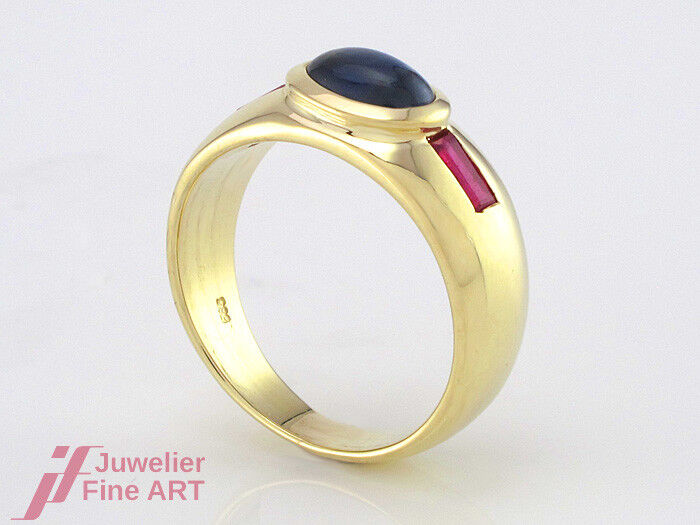 Ring mit Saphir-Cabochon + 2 Rubinen - 585/14K Gelbgold - 5,0 g - Gr. 50