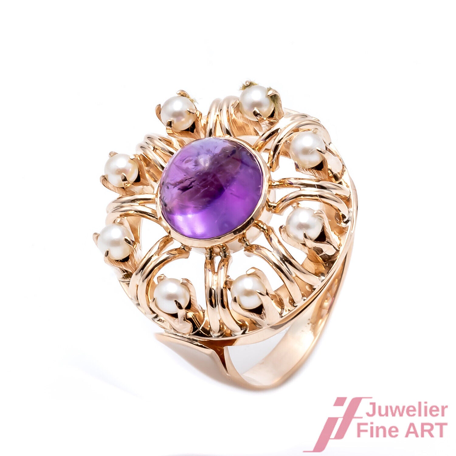 RING - 14K/585 RsG - 1 Amethyst-Cab. - 8 kleine Akoya-Zuchtperlen - 5,8 g - 52