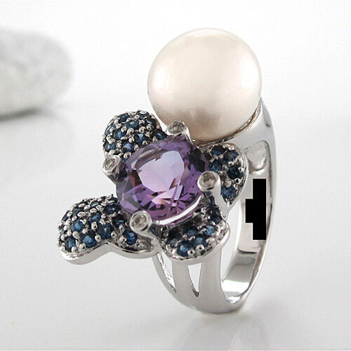 Ring Amethyst 2,3ct, Saphire 0,7ct, 4 Diamanten 0,05ct + Perle in 18K Weißgold