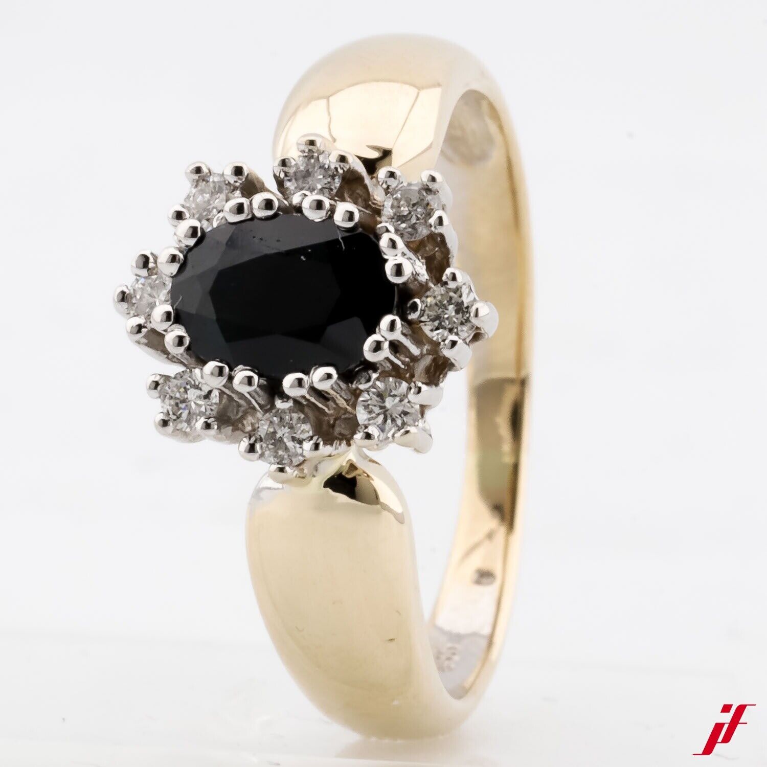 Klassischer Ring 585/14K Gold 1 Saphir 8 Diamanten Brillanten Weite 56