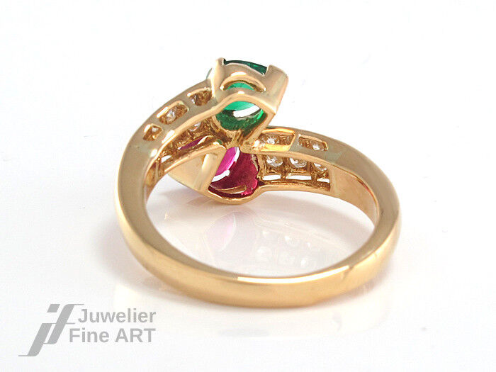 Ring mit Smaragd + Rubin + Diamanten ca. 0,25 TW-VSI - 750/18K Gelbgold - 5,9 g