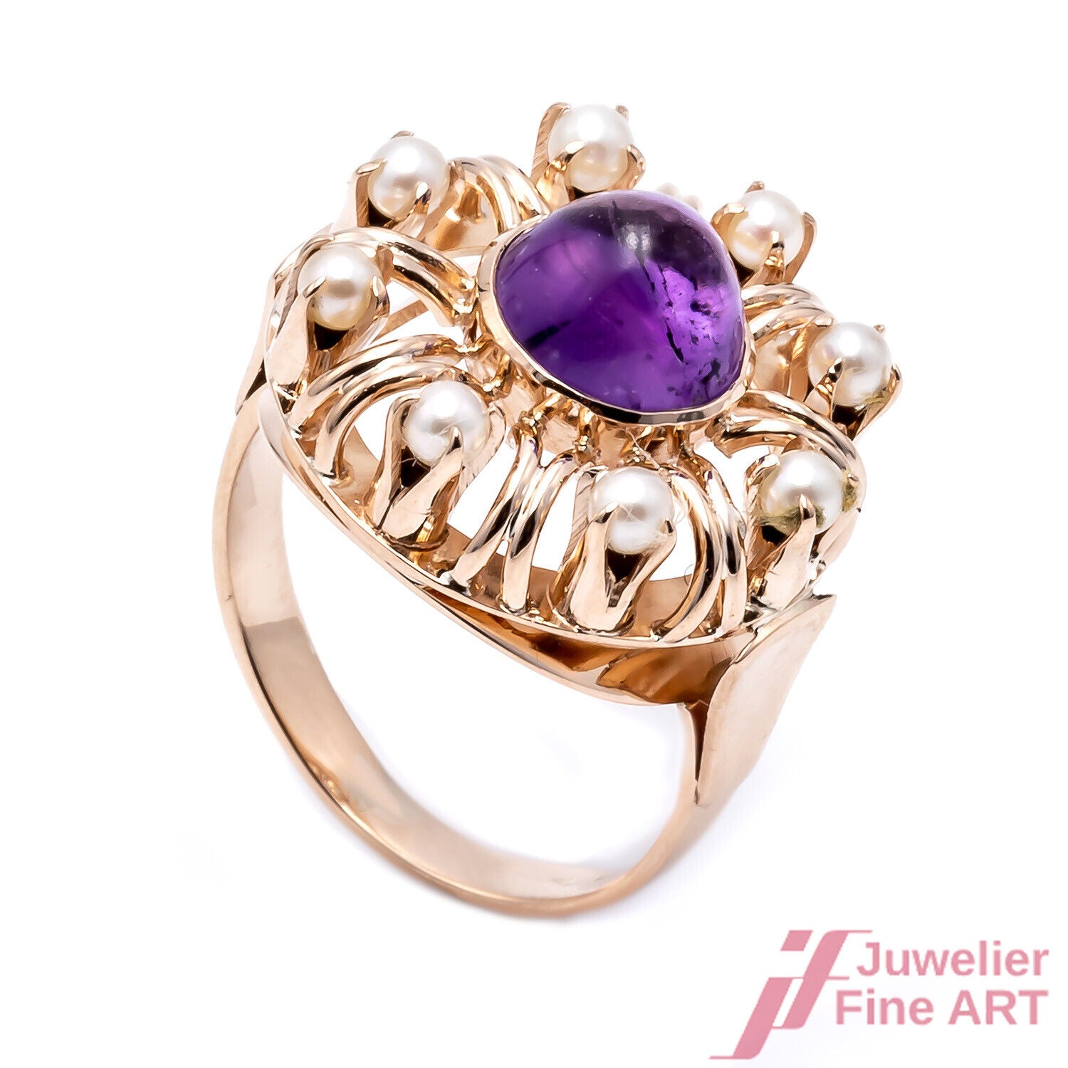 RING - 14K/585 RsG - 1 Amethyst-Cab. - 8 kleine Akoya-Zuchtperlen - 5,8 g - 52