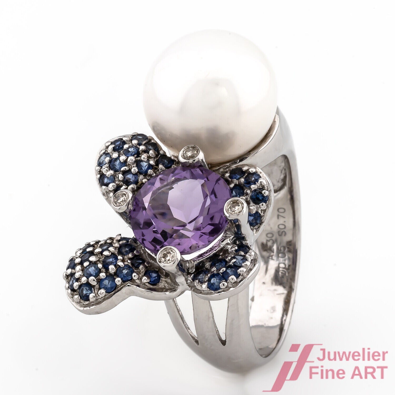 Ring 750/18K Weißgold 1 Perle 1 Amethyst Saphire Diamanten Brillanten Größe 55