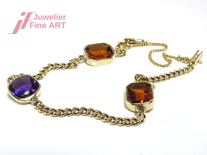 Armband 14K GG, 2 Citrine + 1 Amethyst  - 7,9 g - 19 cm