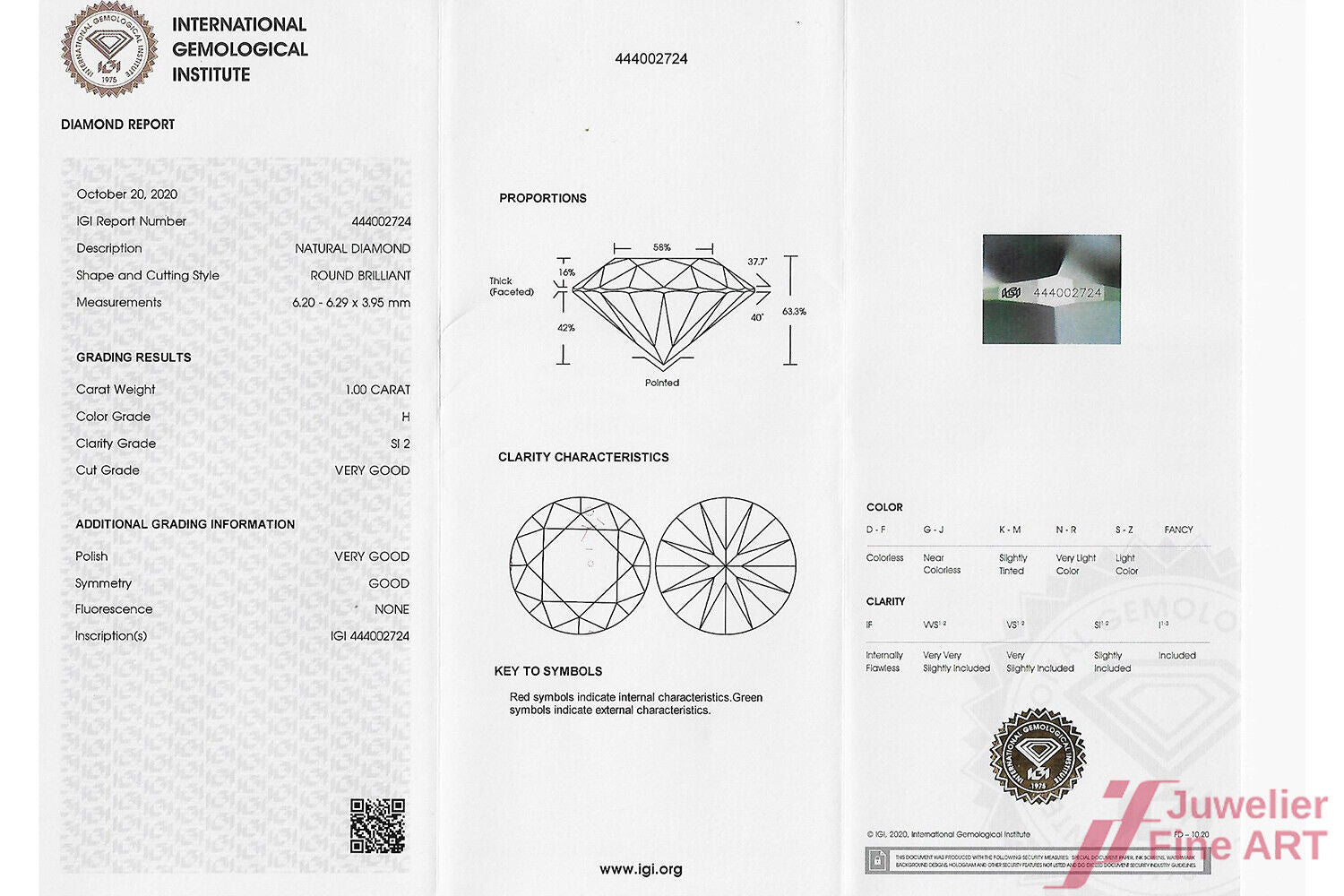 Diamant lose Brillantschliff 1,0 ct H-SI2 mt IGI-Expertise Nr. 444002724