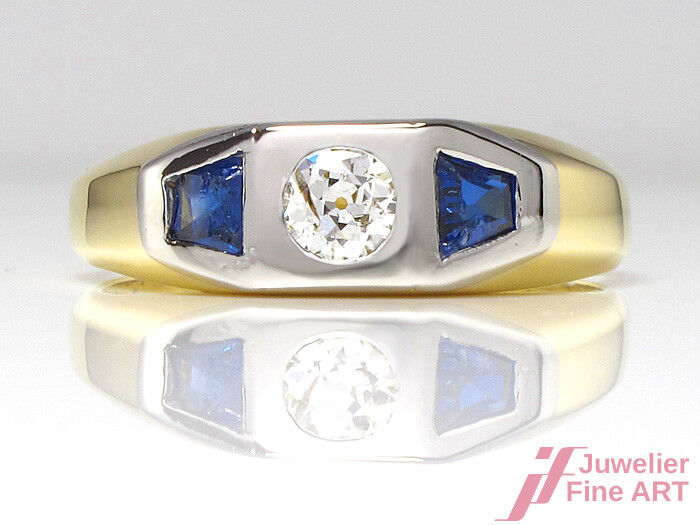 Ring -18K Gelb-& Weißgoldd- Saphir & 2 Brillanten 0,25 ct TW-SI- Gr. 60 - 7,2 g