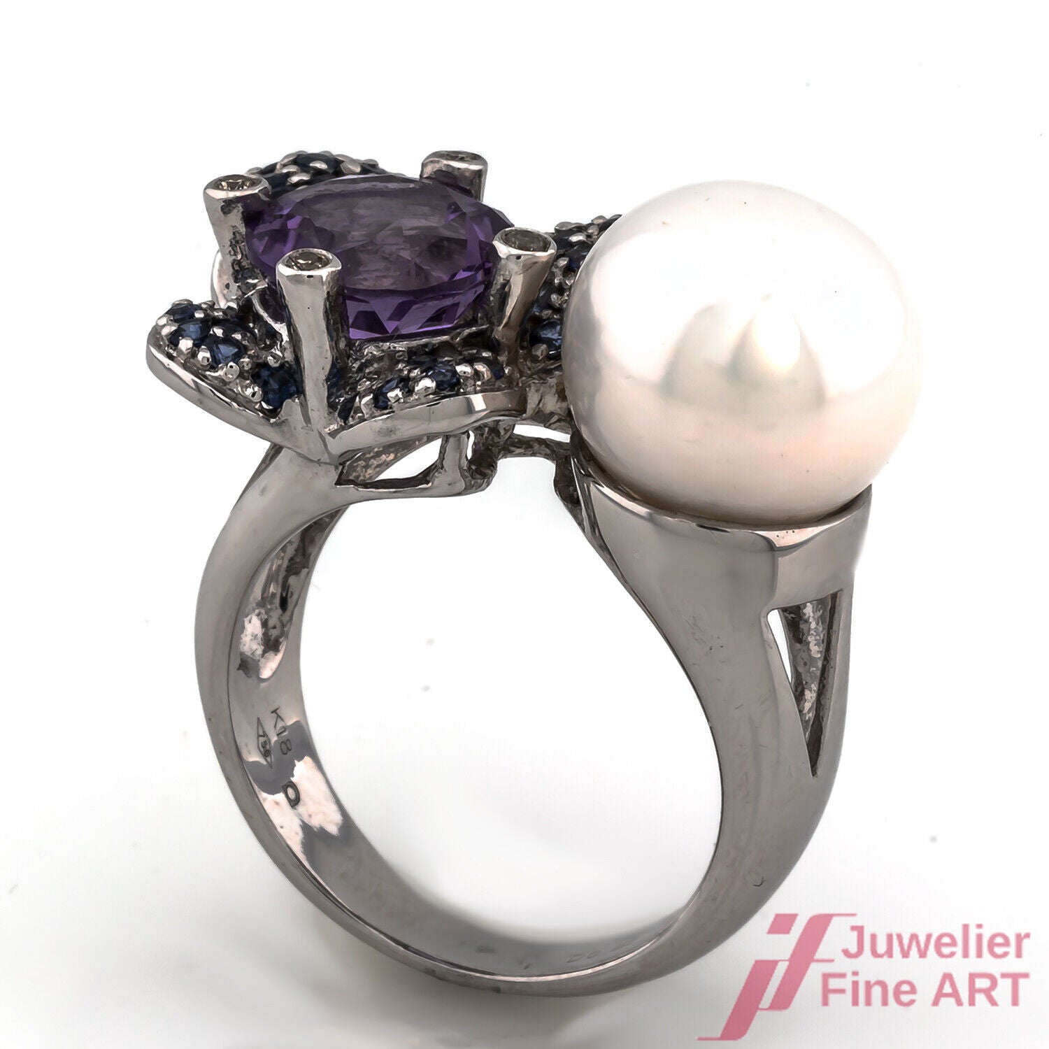 Ring 750/18K Weißgold 1 Perle 1 Amethyst Saphire Diamanten Brillanten Größe 55