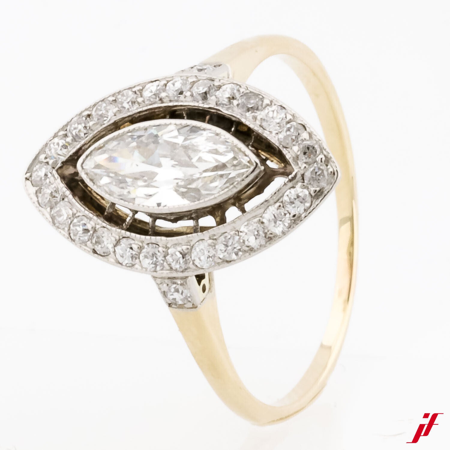 Ring Klassisch 585/14K Gold 1 Navette ca. 1,2 ct  29 Diamanten ca. 0,29 ct  58