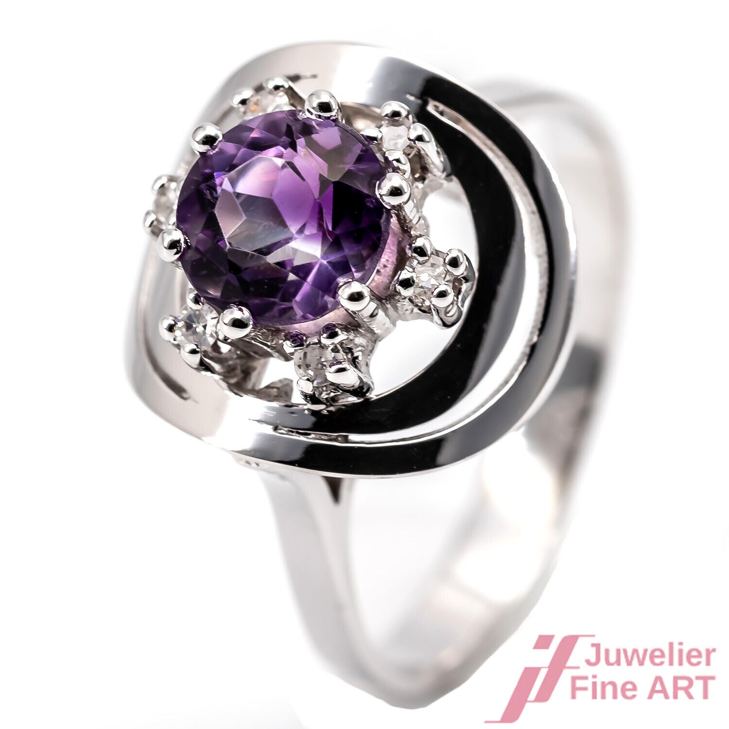 Ring Cocktail 585/14K Weißgold 1 Amethyst Diamanten Größe 58