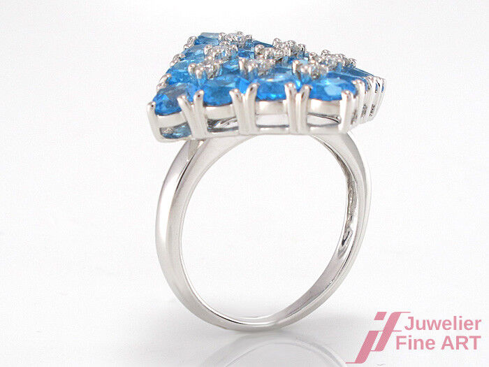 Ring - 18K/750 WG - 16 Blautopase 4,45 c & 9 Diamanten 0,32 ct TW-SI - 7,4 g