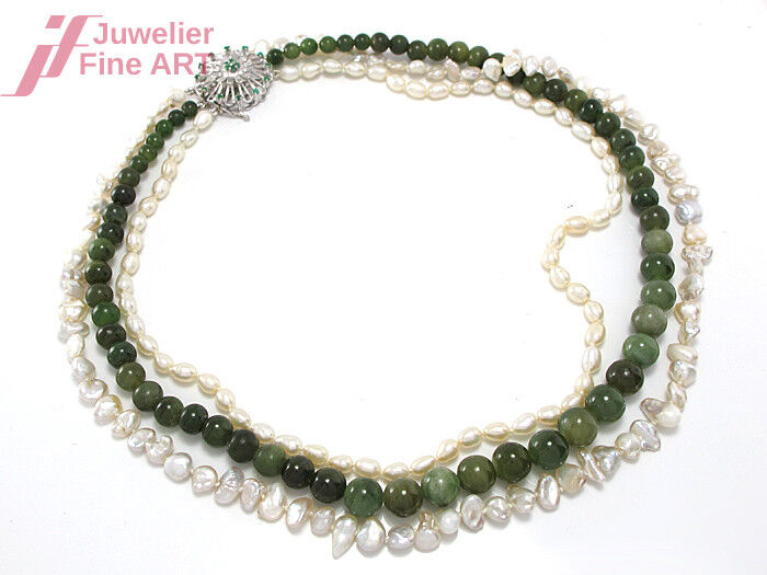 3 reihige Jade & Süßwasser Perlencollier 14K Weißgold-Schließe - 41 cm - 61,5 g