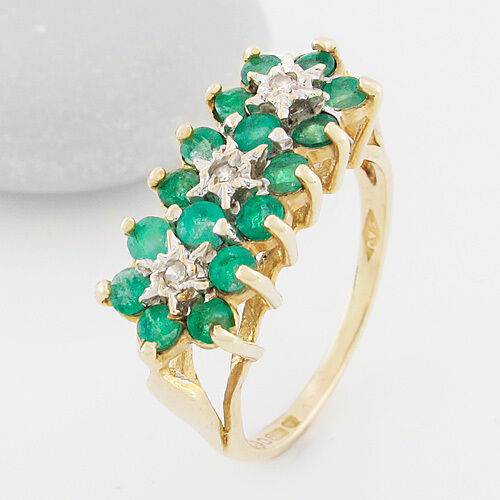 Ring 375/9K Gelbgold Smaragde Emerald grün Diamanten Blume