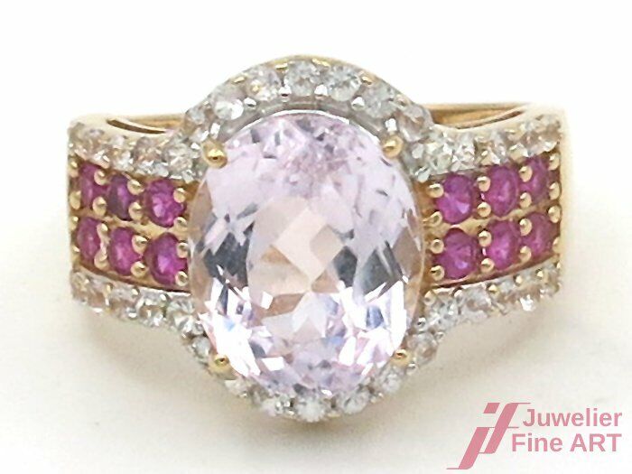 Ring 18K/750 GG besetzt mit 1 Amethyst + weiße/pinke Saphire - 6,4 g - Gr. 53,5