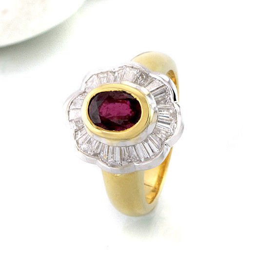 Ring 750/18K Gelbgold Weißgold Größe 54 roter Rubin Diamant Baguette