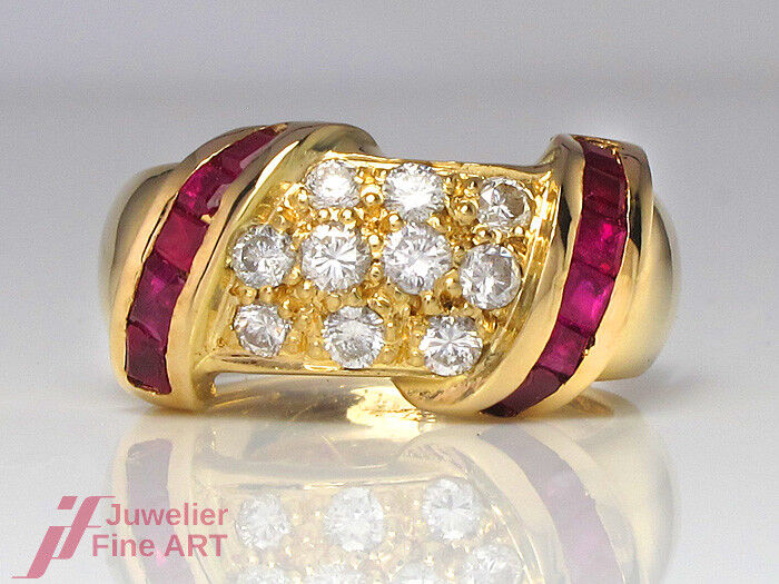 Ring 18K/750 Gelbgold - Rubin & 10 Brillanten ca. 0,50 ct TW/VSI -Gr. 48 - 7,5 g