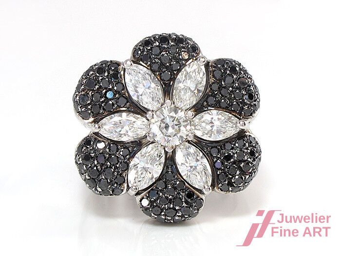 Ring Statement 750/18K Weißgold Diamanten Brillanten schwarz weiß Blume Flower