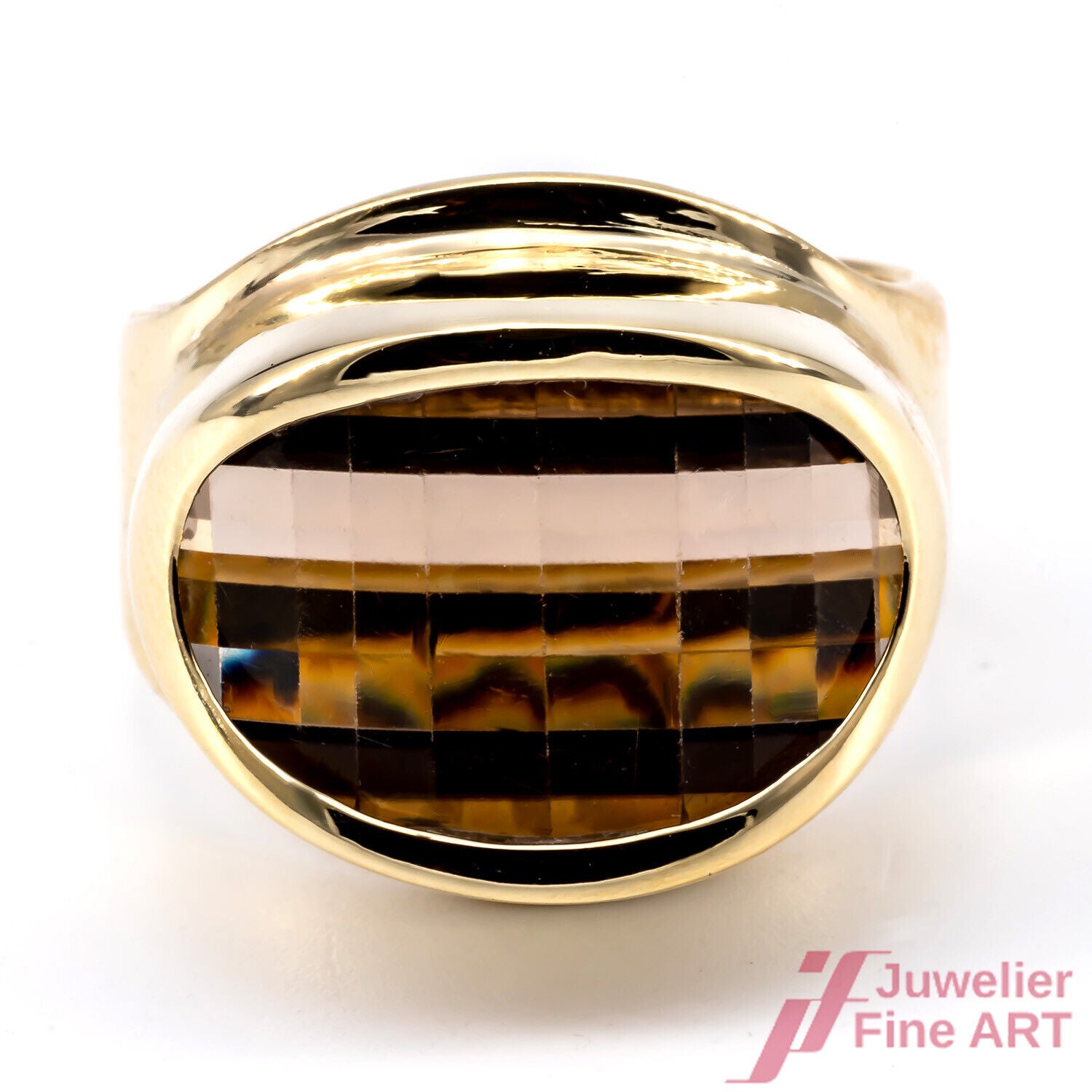 RING - 14K/585 Gelbgold - 1 ovaler facettierter Rauchquarz - 12,0 g - Gr. 56,5