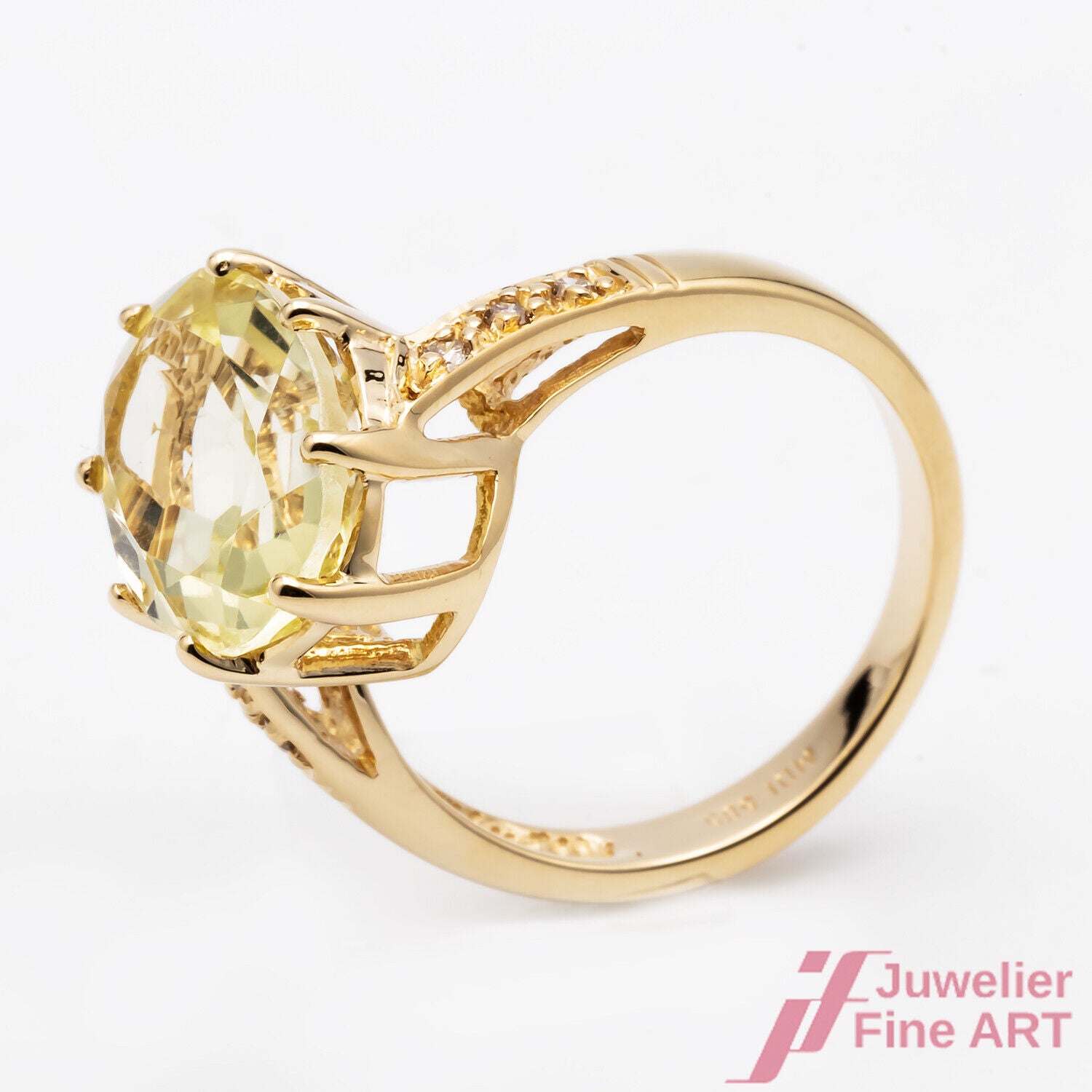 Ring 585/14K Gelbgold hellgrün Prasiolith Quarz Diamanten Brillanten Göße 56