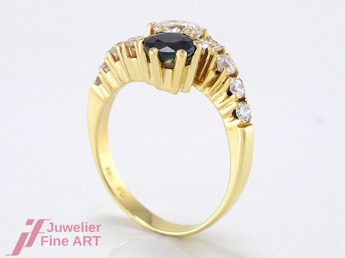 Ring 14K Gelbgold - 1 Saphir & 9 Brillanten ca. 0,91 ct TW-VSI - 4,2 g - Gr. 54