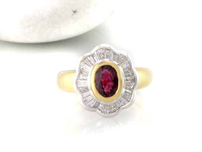 Ring 750/18K Gelbgold Weißgold Größe 54 roter Rubin Diamant Baguette