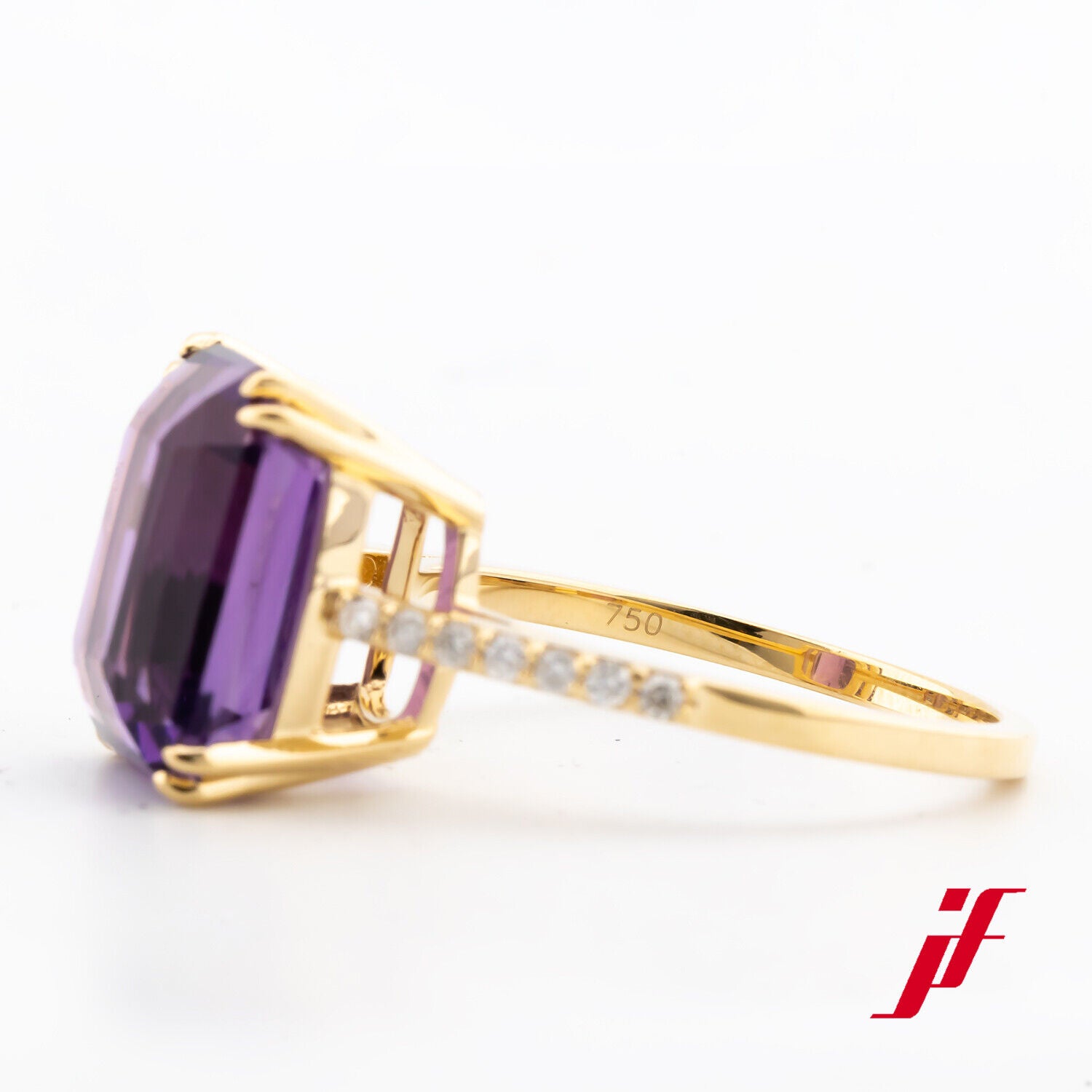 Ring Solitärring mit Akzentbesatz 18K Gelbgold 1 Amethyst Diamanten Größe 53 Neu