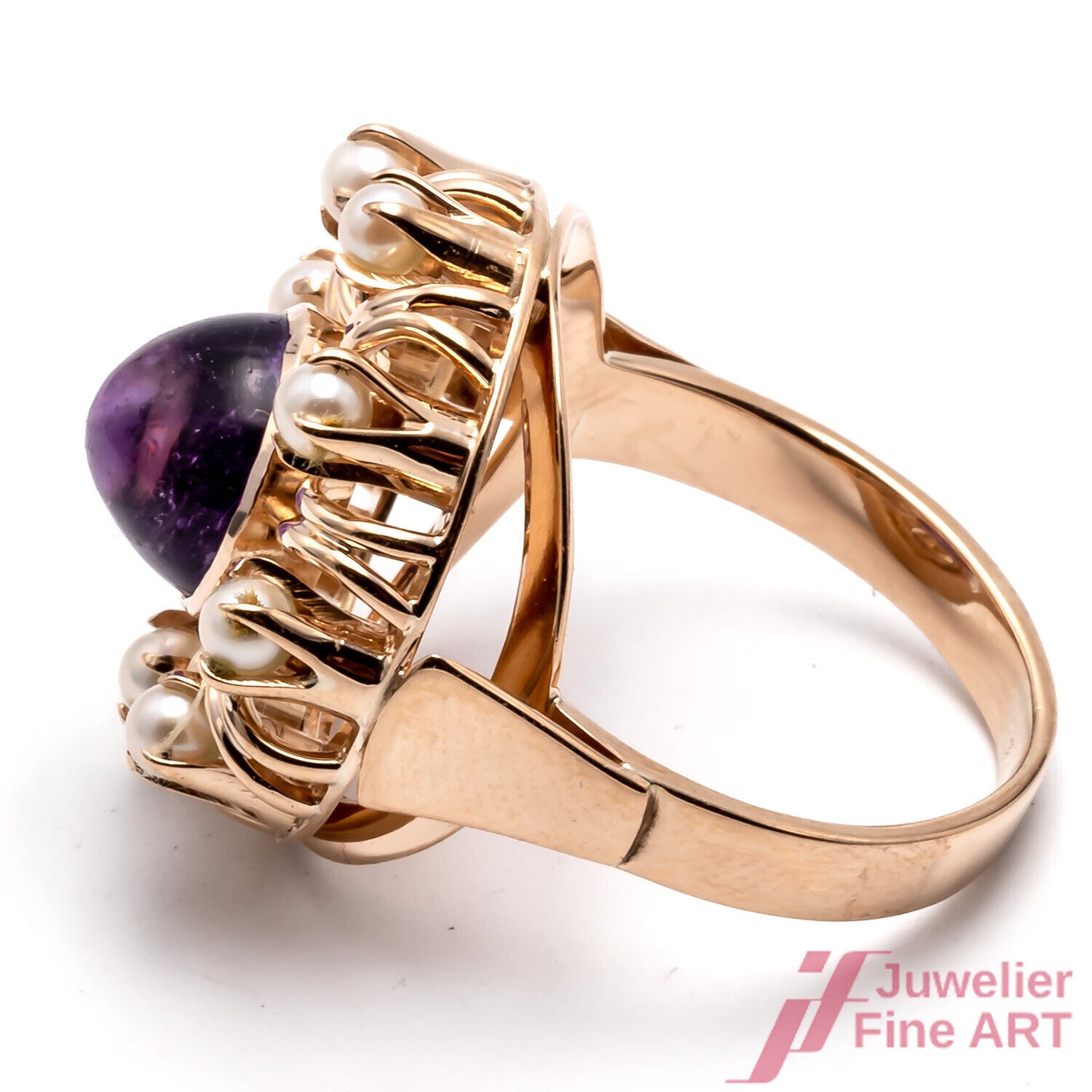 RING - 14K/585 RsG - 1 Amethyst-Cab. - 8 kleine Akoya-Zuchtperlen - 5,8 g - 52