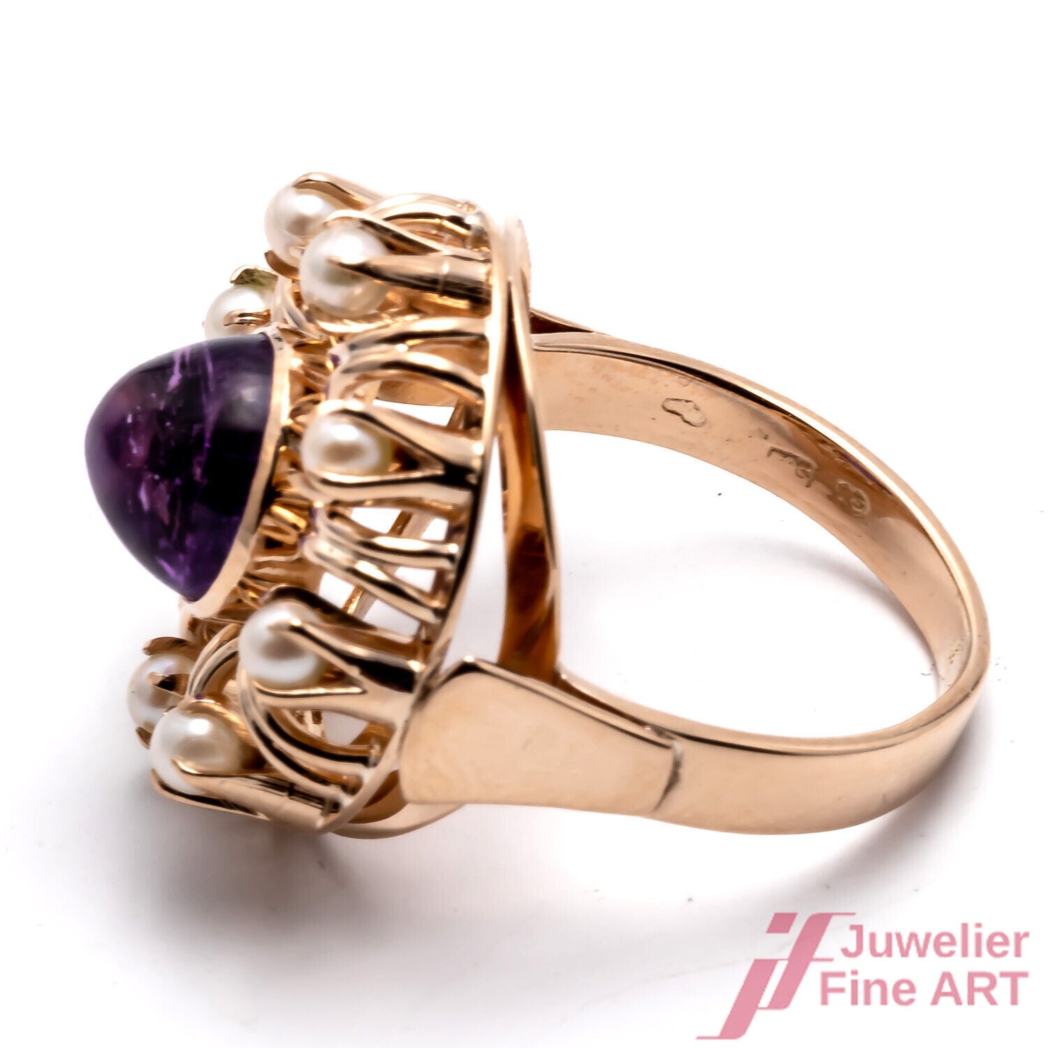 RING - 14K/585 RsG - 1 Amethyst-Cab. - 8 kleine Akoya-Zuchtperlen - 5,8 g - 52