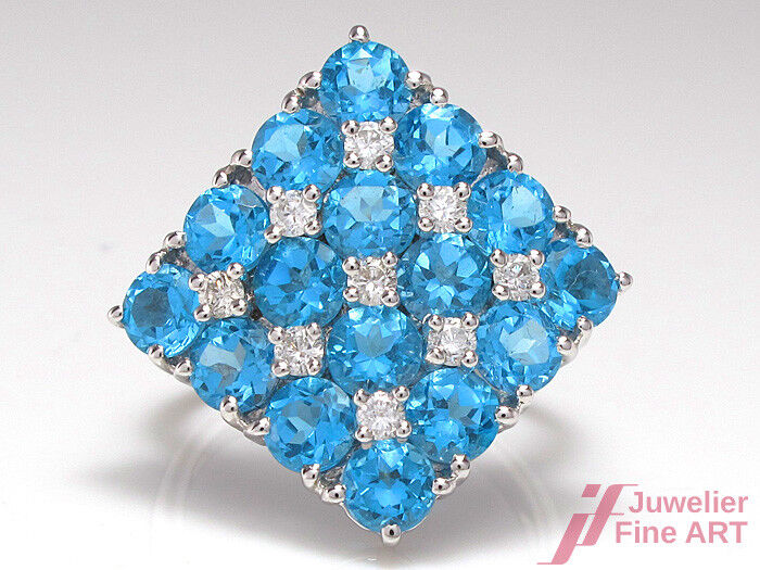 Ring - 18K/750 WG - 16 Blautopase 4,45 c & 9 Diamanten 0,32 ct TW-SI - 7,4 g