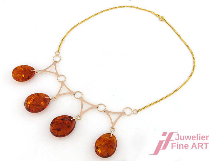 Collier in 585/14K Gelb- & Roségold mit Bernstein - 43 cm - 15,4 g