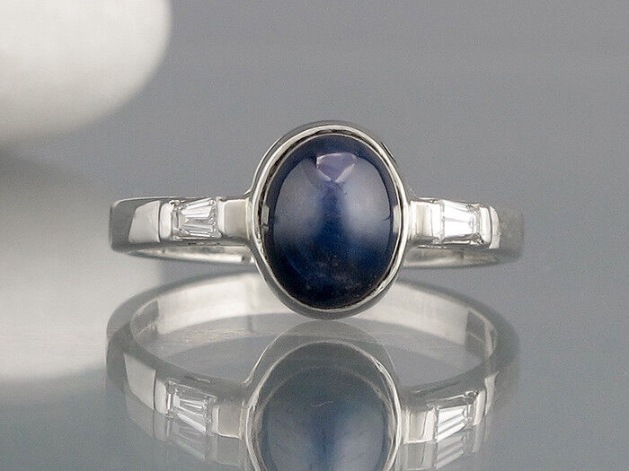 Ring 585/14K Weißgold Saphir Safir Cabochon blau Diamant Trapez Größe 54