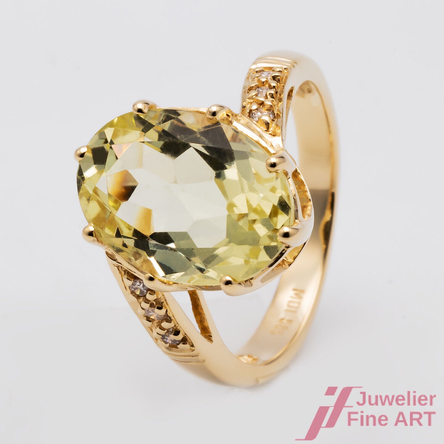 Ring 585/14K Gelbgold hellgrün Prasiolith Quarz Diamanten Brillanten Göße 56