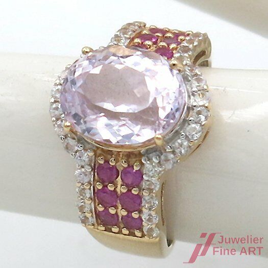 Ring 18K/750 GG besetzt mit 1 Amethyst + weiße/pinke Saphire - 6,4 g - Gr. 53,5