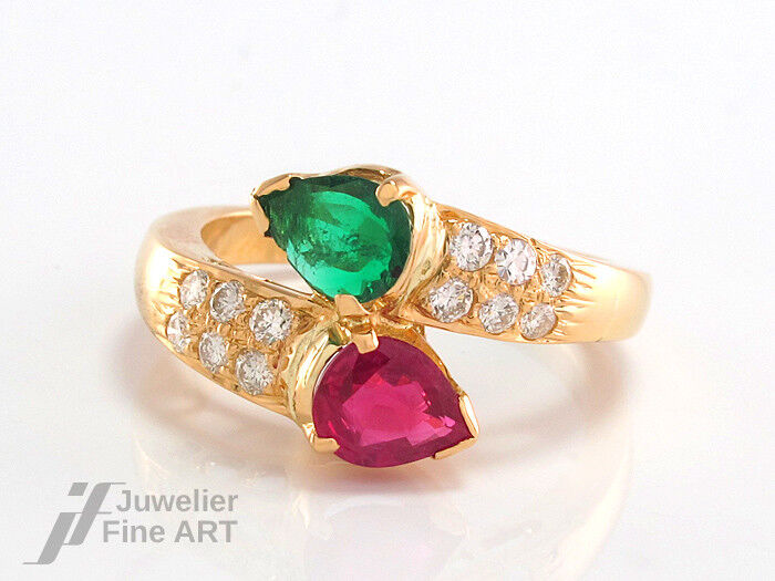 Ring mit Smaragd + Rubin + Diamanten ca. 0,25 TW-VSI - 750/18K Gelbgold - 5,9 g